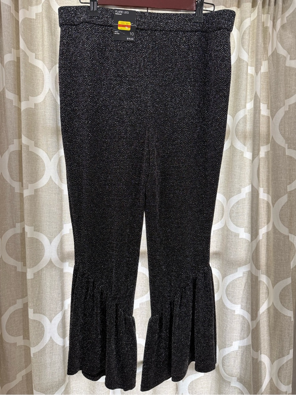 INC 70s Style Metallic Lurex Diamond Pattern Black Sparkle Ruffle Hem Pants